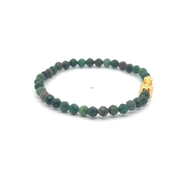 18K Gold Pixiu Piyao Bracelet Gemstone Mini Beads Emerald Micro faceted 4mm May - Picture 4 of 6